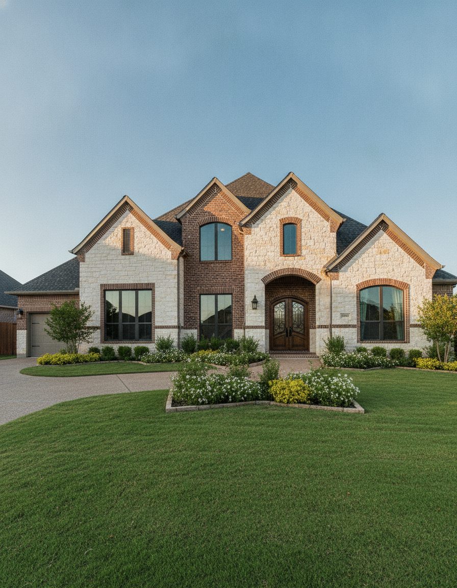 Sunlit new-construction brick home in a Frisco, Texas neighborhood under a clear blue sky