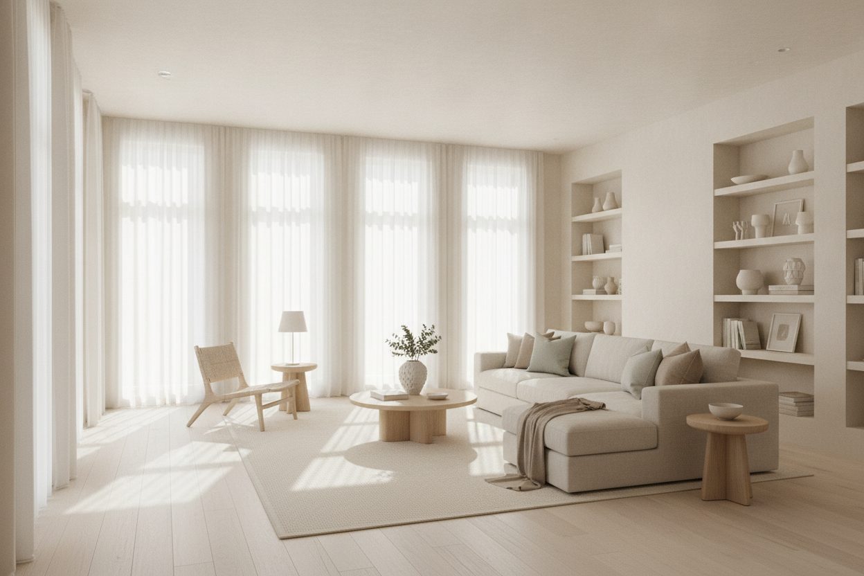 A bright, airy sunlit living room with white oak floors and large windows
