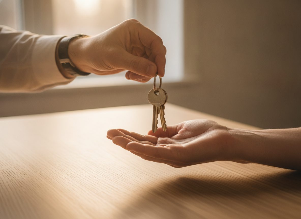 Hands passing a set of house keys across a light wooden table at closing